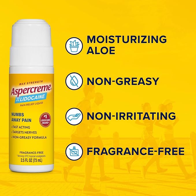 Aspercreme Lidocaine Pain Relief Liquid with No-Mess Roll-On Applicator, Max-Strength 4% Lidocaine Numbs Away Nerve Pain, Moisturizing Aloe Hydrates Dry Skin, 2.5 FL oz
