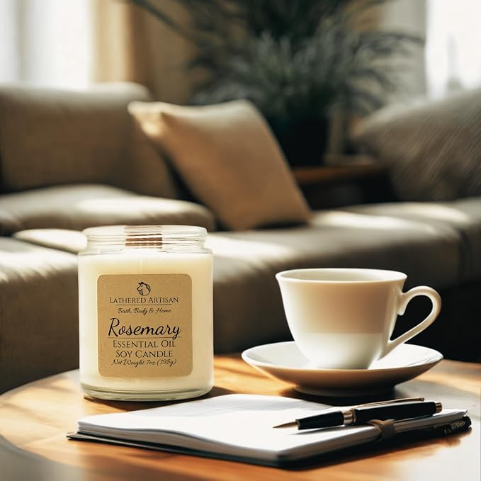 Rosemary Scented Essential Oil Candle 7 oz, Hand Crafted Pure Soy Wax Candle with Wooden Wick, Dried Botanicals, 54 Hour Burn Time, Natural Aromatherapy Glass Jar Candle with Lid by Lathered Artisan