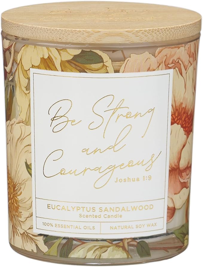 Christian Art Gifts Soy Wax Scented Candle: Joshua 1:9 Bible Verse, Eucalyptus Sandalwood Scent, Pure Essential Oils, 4.5 oz, Up to 20 Hours Burn Time, Glass Jar w/Bamboo Lid, Encouragement Gift