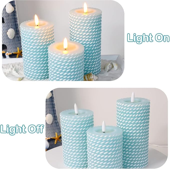 Blue Flameless Candles, Rope Texture 3D Wick, Flickering Pillar Candles with Remote & Timer, 3 Pack