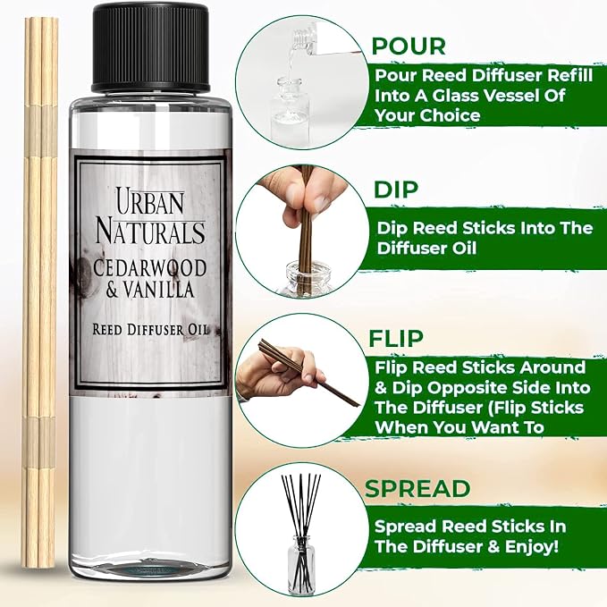 Urban Naturals Reed Diffuser Oil Refill, Cedarwood Vanilla Fragrance Oil with Oak, Cedar, Vanilla, 4 oz + Free Reed Sticks, Made in the USA
