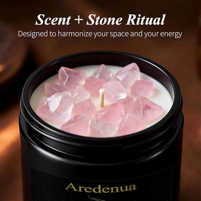 Lavender Candle for Sleep and Stress Relief, Rose Quartz Crystal Healing Candle with Natural Soy Wax, Scented Candle for Relaxation, 7oz Long Lasting 50 Hours, Calming Gifts for Women Men