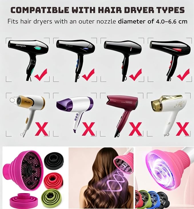Silicone Hair Dryer Diffuser, Universal Collapsible Diffuser, Foldable Blow Dryer Diffuser for Curly Hair, Portable Hair Diffuser Styling Tool for Frizz-Free Curls & Waves (Pink)