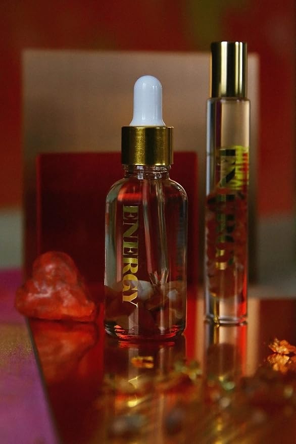 Crystal Infused Essential Oil Vial, 1 Oz, Energy - Red Carnelian Crystal Infused - Scents of Lemon, Grapefruit, & Bergamot - Aromatherapy Oils, Massage, Stress Relief