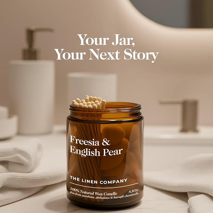 Hand Poured Non Toxic Candles - Freesia & English Pear Fall Candles with Premium Natural Wax - Aromatherapy Scented Candles with Wild Peonies, Sweet Amber & Vanilla Notes - 8.5 Oz, 45 Hrs Burn Time