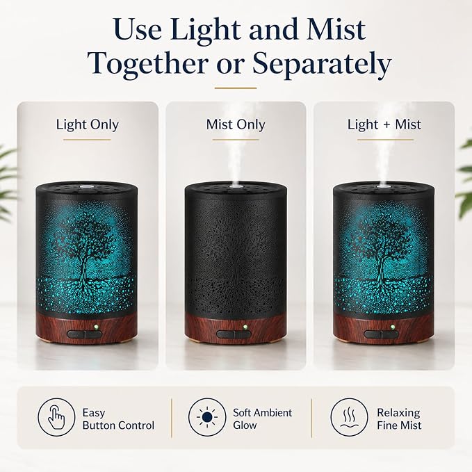 Essential Oil Diffuser- Aromatherapy Diffuser with7 Colors Light and Auto-Off for Women Metal Cool Mist Humidifier for Home and Office for Mom Women(Tree)