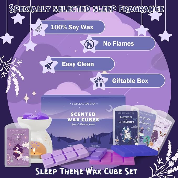 SCENTORINI Wax Melts, Wax Cubes Strong Scent, Lavender Scented for Sleep, Summer Scents Wax Melts for Warmer, 2.5 oz 4-Pack - Lavender & Gardenia, Sage, Chamomile, Sandalwood