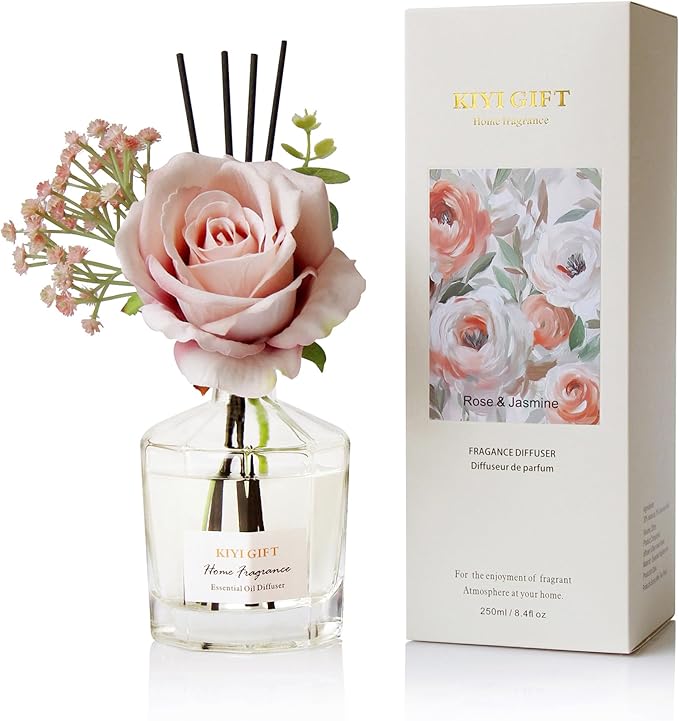 Reed Diffuser Set, 8.4 fl oz Scent Diffuser with 6 Reed Sticks, Home Fragrance,Up to 120 Day Long Lasting Scent,Reed Diffuser for Bathroom,Shelf Decor (Jasmine Rose)