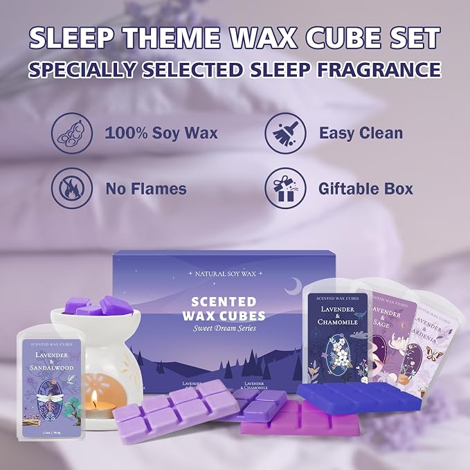 SCENTORINI Wax Melts, Wax Cubes Strong Scent, Summer Scents, Lavender Scented Wax for Sleep, Wax Melts for Warmer, 2*Lavender & Gardenia, Sage, Chamomile, Sandalwood, 2.5 oz 8-Pack