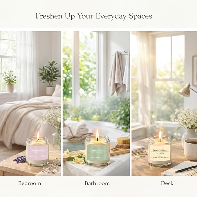 Scented Candles Gift Set,6 Pack Spring Summer Soy Wax Aromatherapy Candles,Lemon Verbena,Coconut Lime,Sea Salt Breeze, Citrus Basil, Eucalyptus Mint & Cherry Blossom