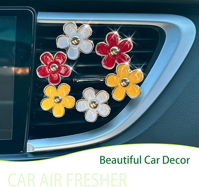 ORIESSE 6pcs Flower Car Air Freshener Vent Clips,Red Yellow White Daisy Car Dashboard Accessories,3.3cm/3cm Flower Air Vent Clip for Women,Refillable Car Diffuser Decor