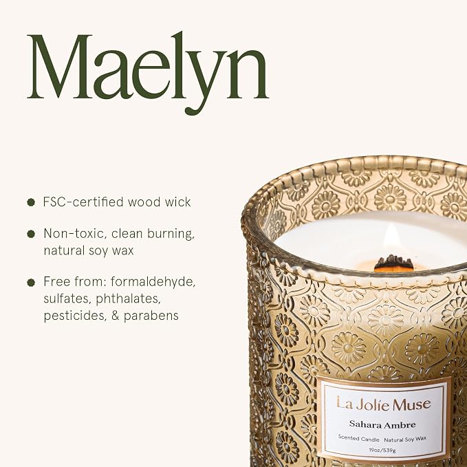 LA JOLIE MUSE Sahara Amber Scented Candles for Home, 19 oz Natural Soy Wax | Large Jar Luxury Candle, Clean Non Toxic, Gifts for Women & Men, Decorative Candles, Wood Wick, Bergamot, Musk & Patchouli