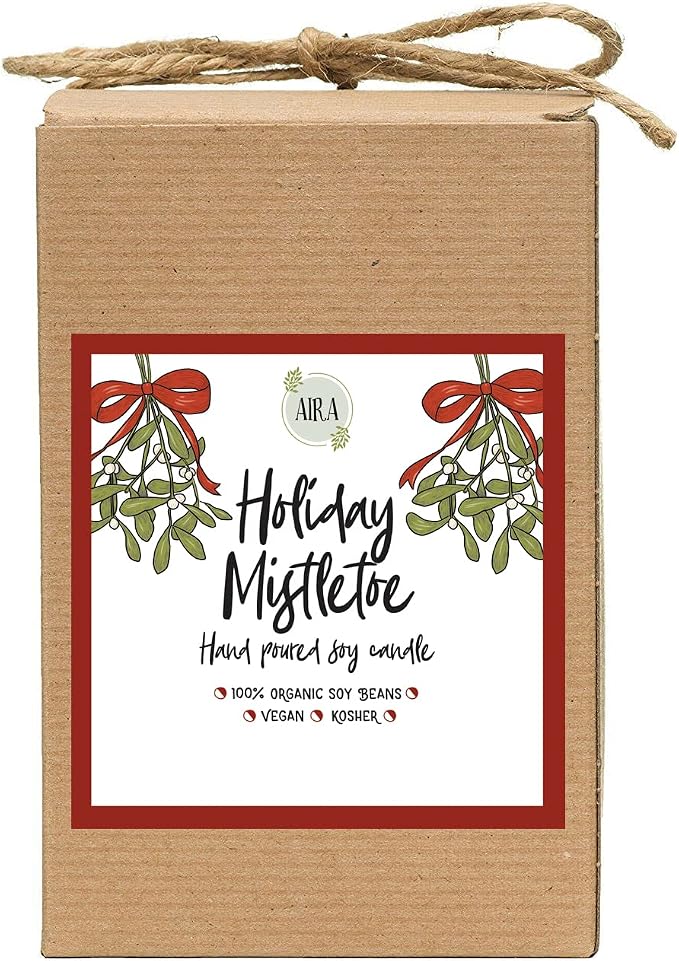 Aira Soy Candles - Organic, Kosher, Vegan, in Mason Jar w/Therapeutic Essential Oils - Hand-Poured 100% Soy Candle Wax - Paraffin Free, Burns 110+ Hours - Holiday Mistletoe Christmas Candle - 16 Oz