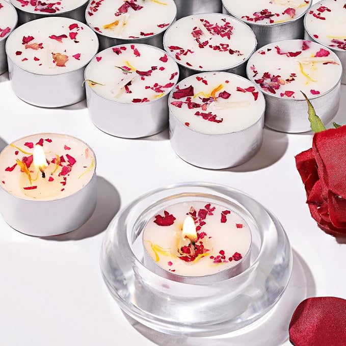 8 Pcs Rose Scented Tealight Candles, 6H Long Burning - 100% Palm Wax Based Scented Tea Lights with Dried Flowers, Non-Toxic/Smokeless Tea Lights Candles for Spa, Bath, Wedding