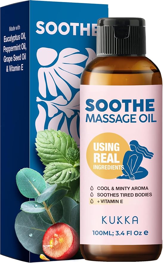 Kukka Soothe Massage Oil - Spa Quality Warming Massage Oil - Body Oils for Women & Men - Infused with Eucalyptus Oil, Peppermint Oil, Grapeseed Oil & Vitamin E Oil (3.4 fl oz)