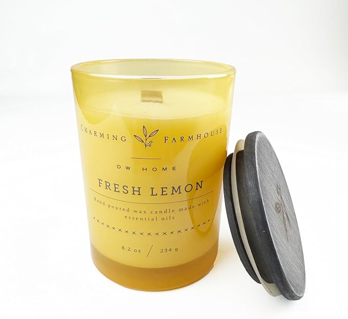 DW Home Crarming Farmhouse Fresh Lemon Scented Candle – 8.2 oz, Hand-Poured, Richly Fragranced with Citrus Aroma, Wooden Wick, Home & Kitchen Décor Gift