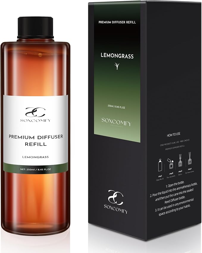 Diffuser Oil Refill, 250ml / 8.45 fl oz, Lemongrass - Reed & Aromatherapy Diffuser Oil, Long-Lasting Home Fragrance, Grapefruit, Lemon & Musk Notes