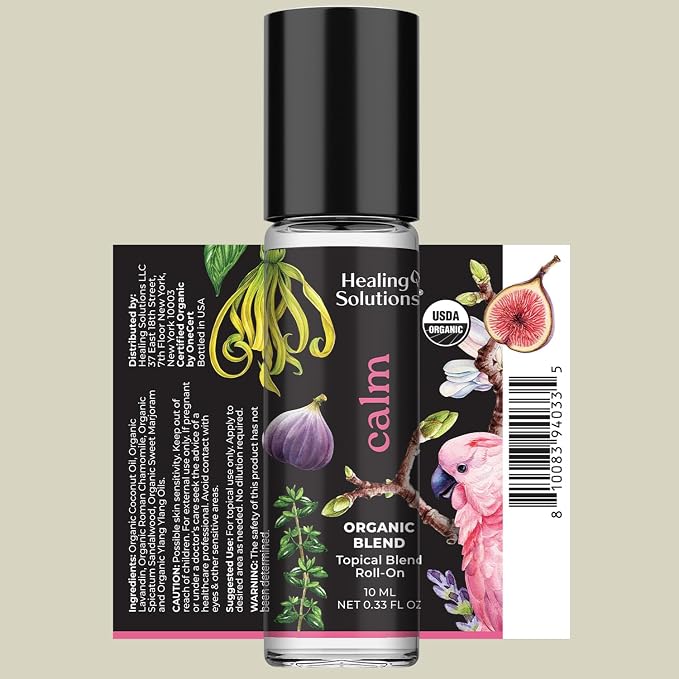 Healing Solutions - Organic Calm Blend Essential Oil Roll On USDA Certified Perfume, Sleep, Massage, Aromatherapy - 10ml