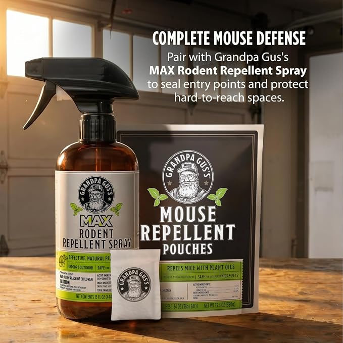 Grandpa Gus's Natural Mouse Repellent Pouches, Cinnamon/Peppermint Oils Repel Mice from Nesting in Home/Cabin/Boat/Car Storage/RV/Machinery/Shed (16 Pouches)