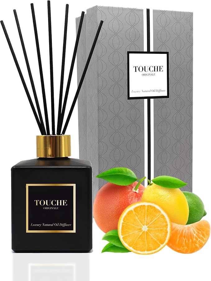Touche Luxury Natural Reed Diffuser. Long Lasting Scented Home Fragrance. Natural Essential Oil Alcohol-Free. 4.75 OZ. Glass Bottle (Citrus - Black Bottle)