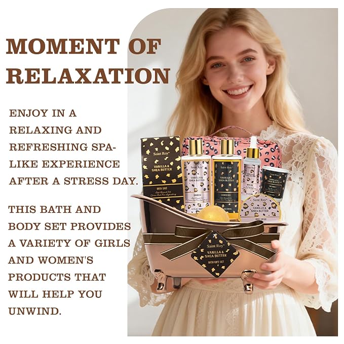 Warm Vanilla scented Gifts for Women, Spa Bath & Body Gift Basket, Skin Care Kit, Home Spa Gift Set, Self-Care Kit, Travel Multi-use toiletry bag, Birthday, Christmas, Mother Day, Anniversary Gifts