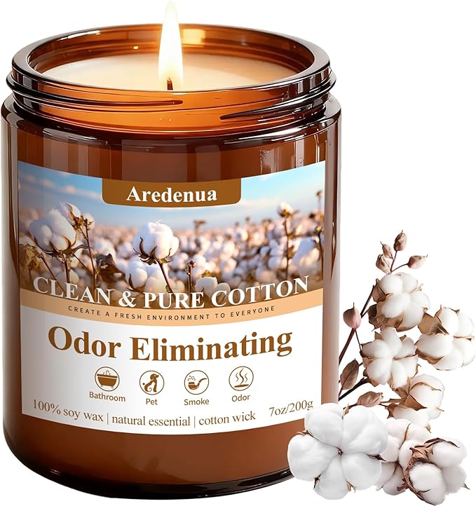 Clean & Pure Cotton Odor Eliminating Candles | Eliminates 95% of Pet, Smoke, Food & Other Smells – Fresh Air Scented Candle Gentle for Family - Up to 50 Hour Burn time - 7 Oz Natural Soy Wax