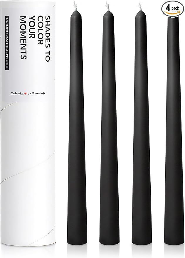 10" Classic Taper Candles, Black, 4-Pack, 7-8 Hours Long Burning, Unscented Tall Candlesticks