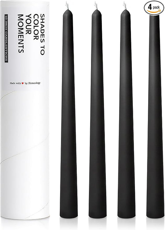 10" Classic Taper Candles, Black, 4-Pack, 7-8 Hours Long Burning, Unscented Tall Candlesticks