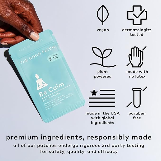 The Good Patch Be Calm Patch with Hemp, Supports Relaxation, Natural Patch with Hemp Extract, Ashwagandha Root, Passionflower, Plant Powered Wearable Wellness, Sustained Release (8 Total Patches)