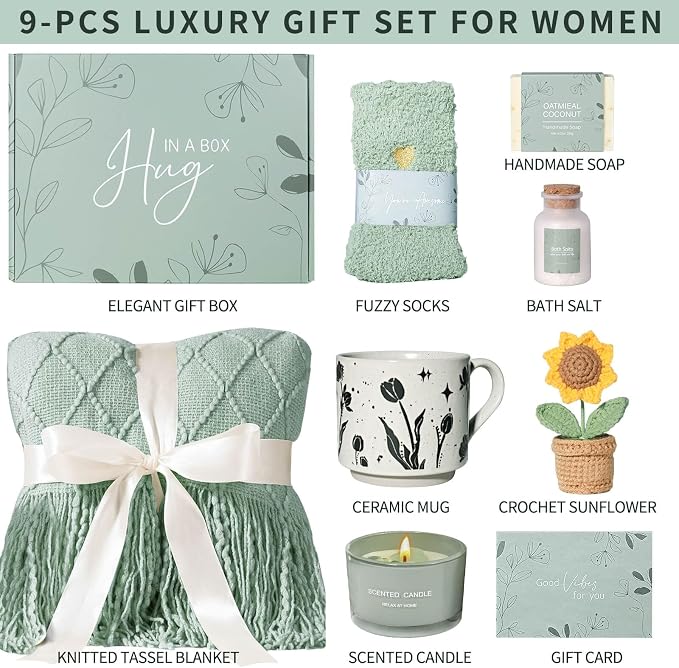 Get Well Soon Gift Baskets for Women, Self Care Spa Package with Knit Blanket & Crochet Sunflower, Thinking of You Sympathy Care Package for Mom Grandma Wife