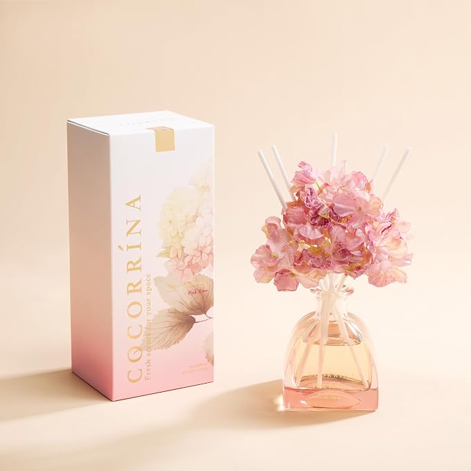 COCORRÍNA Reed Diffuser - Pink Rose 8.5 Fl.oz Reed Diffuser with 8 Sticks for Home Bathroom Shelf Decor (Simple Luxe Collection)