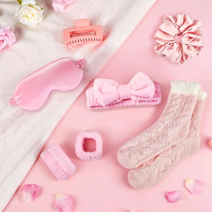 Self Care Gift Set for Women, Mini Spa Kit | Soft satin and plush textures, hair hold, cozy wear, spa nights, birthdays, travel, ready to give for girl, mom, girlfriend