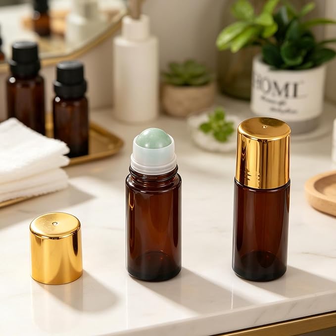 2 Pack 1.7oz Large Amber Glass Roll on Bottles for Essential Oils, Refillable Roller Ball Applicator with Green Crystal Rollerball, Perfume Deodorant Containers, Leak-Proof for Aromatherapy & Skincare