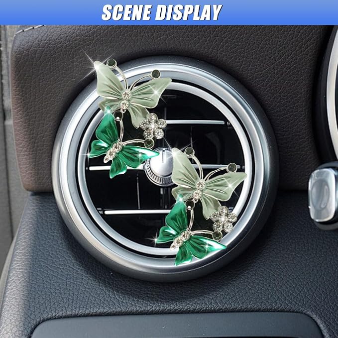 ZIMISI Car Vent Clip, Dual Butterfly Air Vent Clips, Bling Diamond Car Diffuser Clips, Cute Air Conditioning Outlet Decoration, Butterfly Car Accessories for Women (4Pcs/Green)