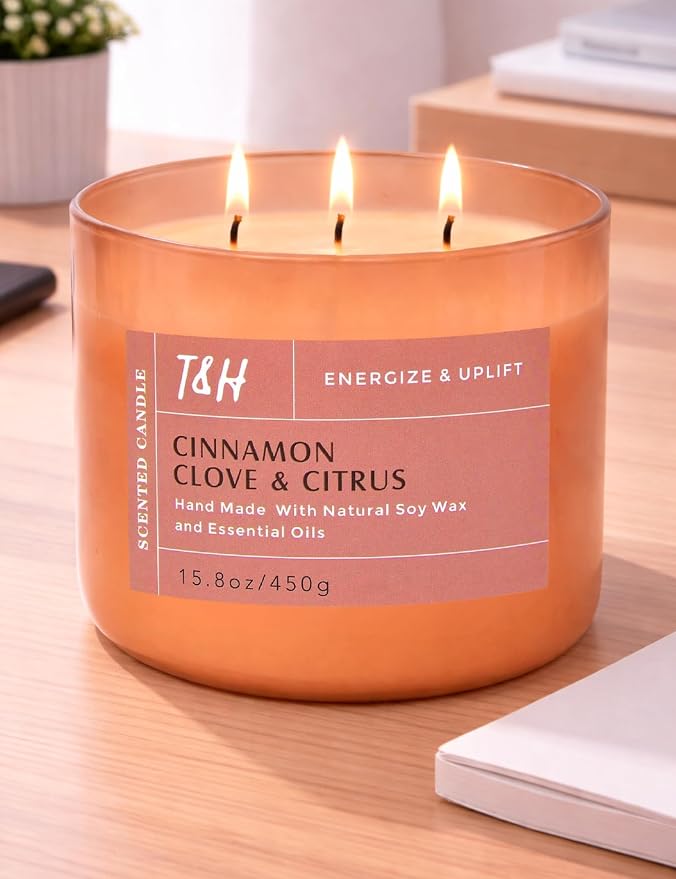 Cinnamon Clove Citrus 3-Wick Soy Candle | 15.8 oz Large Scented Candle for Home | Clean Burn Long Lasting | Spiced Lemon Lime Scent | Gift Ready