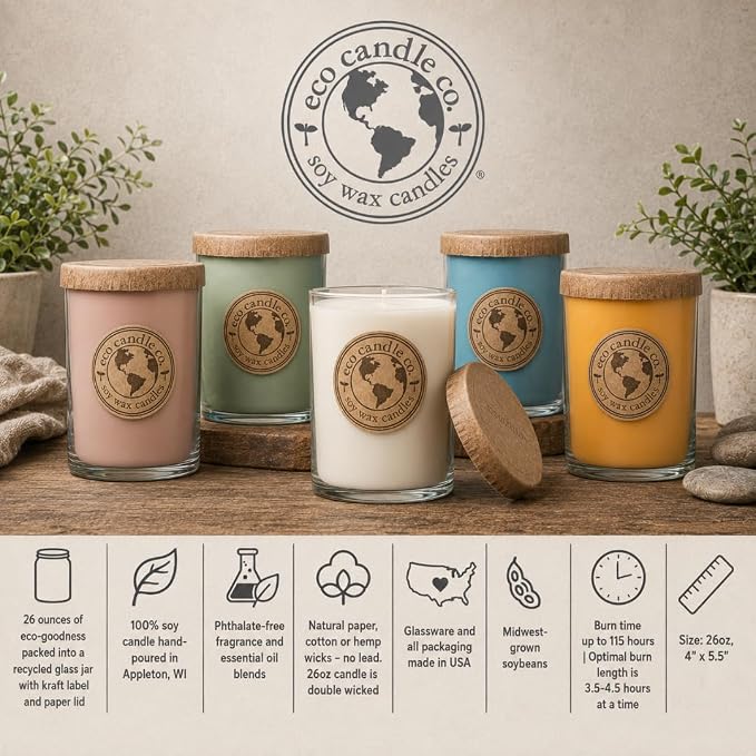 ECO CANDLE CO. Recycled Candle, Lavender Lemon, 26 oz. - Scents of Lavender & Lemons - 100% Soy Wax, No Lead, Kraft Paper Label & Lid, Hand Poured, Phthalate Free, Made from Midwest Grown Soybeans