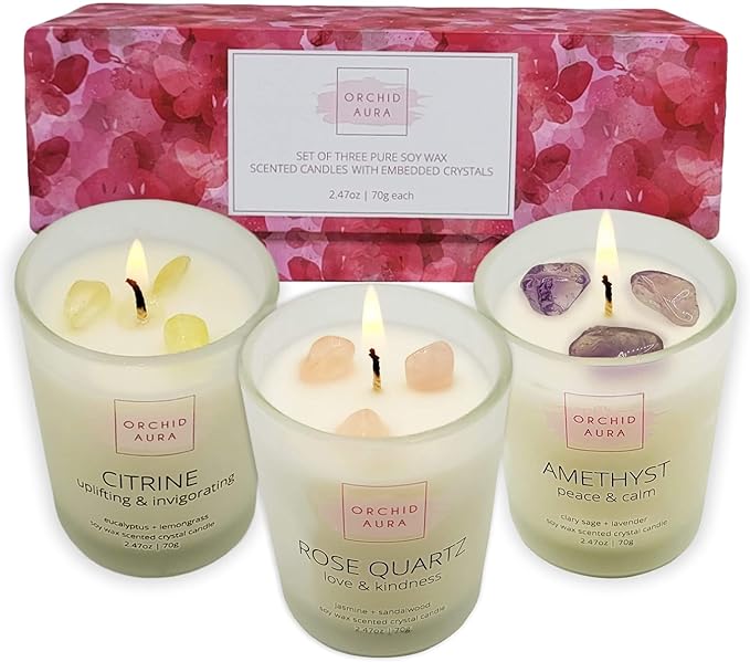 Soy Candles with Healing Crystals. Citrine, Rose Quartz, Amethyst Crystal. Eucalyptus + Lemongrass, Jasmine + Sandalwood, Clary Sage + Lavender. 3PC Scented Crystal Candle Set, 2.47oz Each