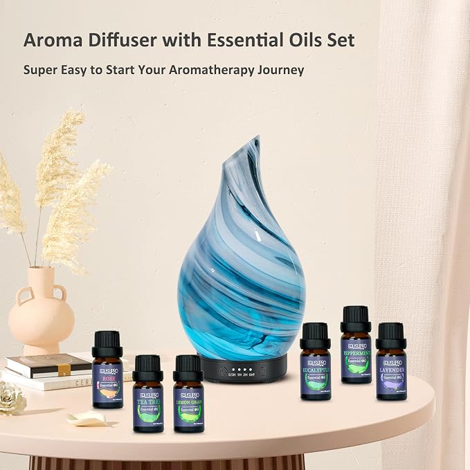 Aromatherapy Essential Oil Diffuser for Home- Art Glass Diffuser for Essential Oils with Waterless Auto Shut-Off 4 Timer 7 Colors LED Night Light for Home Office Decor Gifts for Women