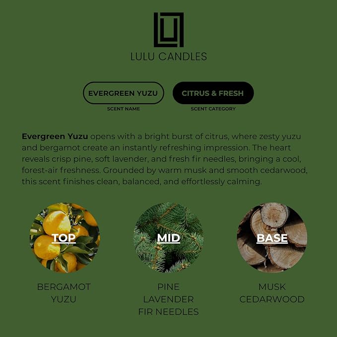 Lulu Candles | Evergreen Yuzu | Luxury Scented Soy Jar Candle | Hand Poured in The USA | Highly Scented & Long Lasting (9 Oz.)
