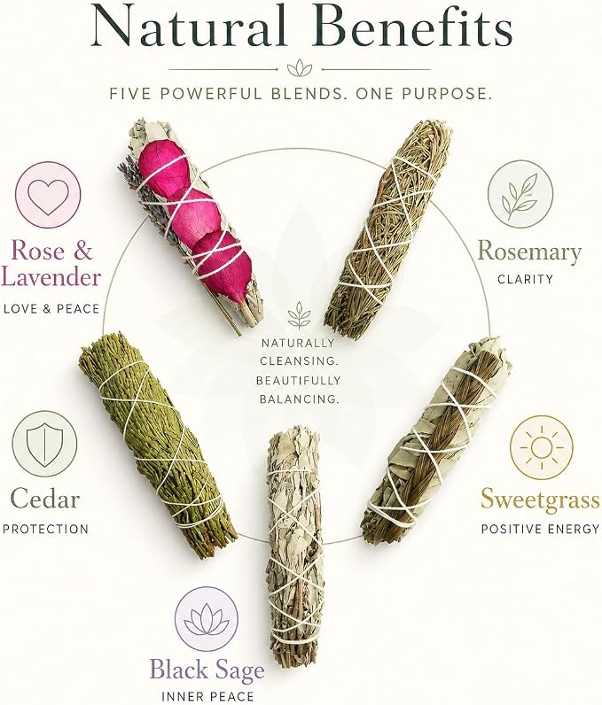 Smudge Sticks Sampler - 1 White Sage with Rose and Lavender, 1 Rosemary, 1 Cedar, 1 Sweetgrass White Sage and 1 Black Sage