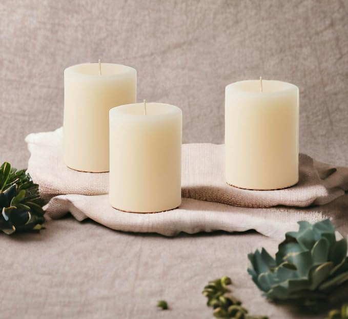 Mister Candle Dripless Unscented Ivory Pillar Candles, Set of 3 Hand Poured Solid Color Non-Scented Candles for Home Decor, Premium Wax, 60 Hr Burn Time - 3x4 Inch, Ivory