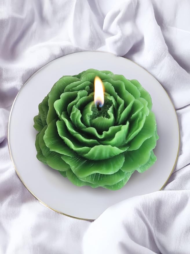 Peony Flower Shaped Candle with Scent, Soy Wax Blend Aromatherapy Candle, Gift Candle, Gifts for Women, Candles for spa, Stress Relief, Meditation, Wedding, Home Decor, Relaxing Atmosphere, (Green)