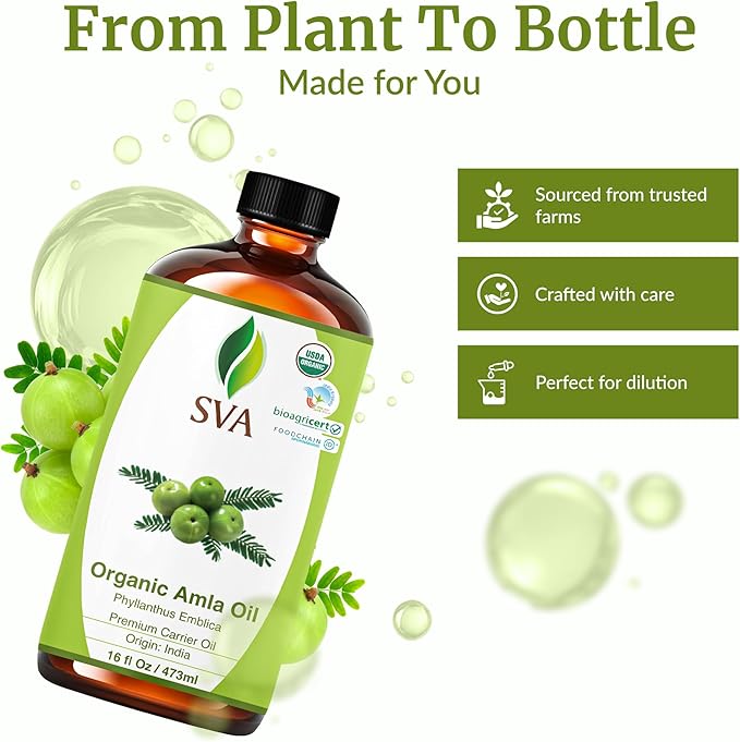 SVA Amla Oil Organic - 16 Fl Oz – 100% Natural Cold Pressed Organic Amla - for Face, Skin Care, Hair Care, Scalp Massage & Body Massage – Carrier Oil