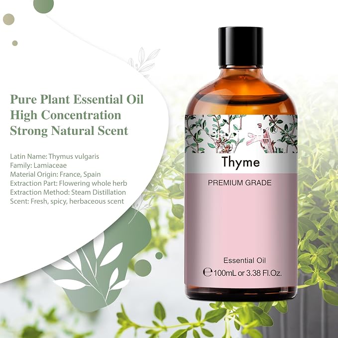 Thyme 3.38fl.oz Essential Oil, PHATOIL Aromatherapy Essential Oils for Diffuser, Humidifier, Perfect for DIY Soap, Candle, Bath Bombs Making(100ml)