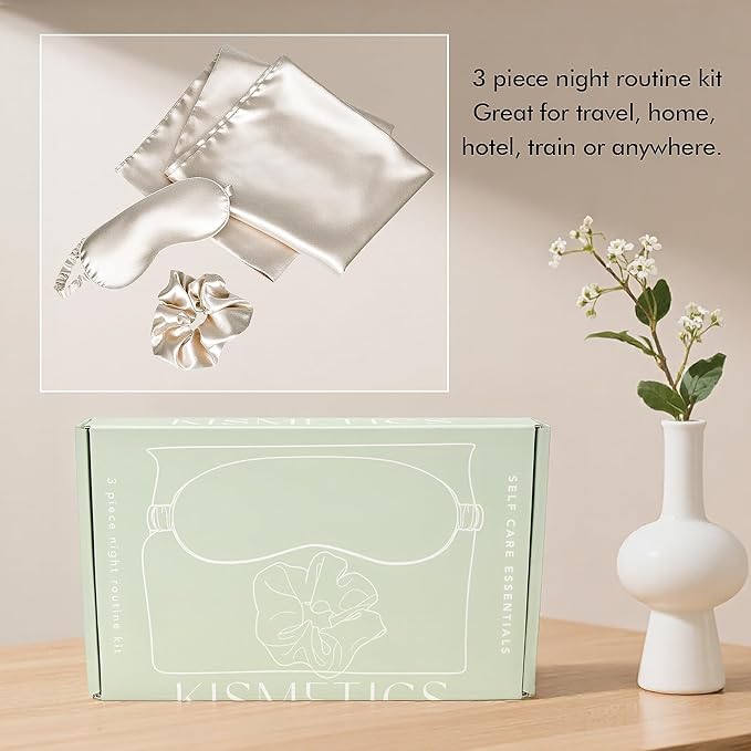 Vegan Silk Sleep Set – Satin Pillowcase, Eye Mask & Large Scrunchie for Hair and Skin – Frizz Free Beauty Sleep & Self Care Night Routine – Champagne