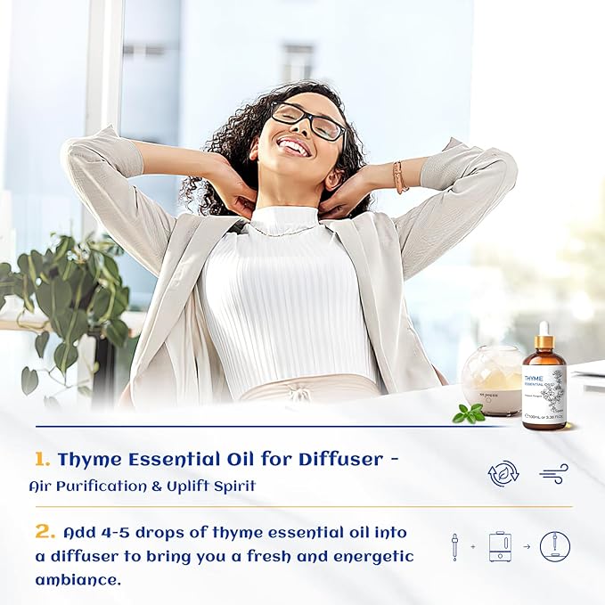 HIQILI 3.38 Fl Oz Thyme Essential Oil for Hair, Skin, Diffuser, Aromatherapy, Includes 10ML Travel Bottle - 100ML