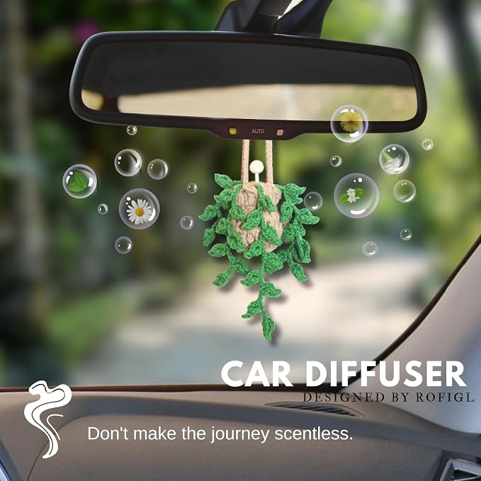 ROFIGL Handmade Crochet Hanging Car Air Freshener,12ml Empty Refillable Oil Diffuser Bottle with Crochet Hanging succulents Plant for Car Rearview Mirror for Home, and Office Hanging Diffuser Decor