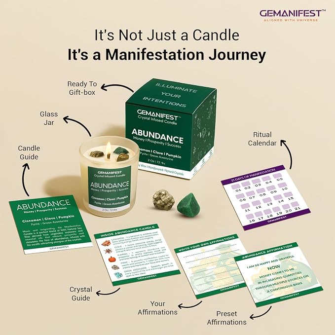 Prosperity Manifestation Abundance Crystal Candle, Real Pyrite and Green Aventurine Pumpkin Spice Soy Candle, Valentine's Gift for Her/Him, Women's Wealth Growth and Success