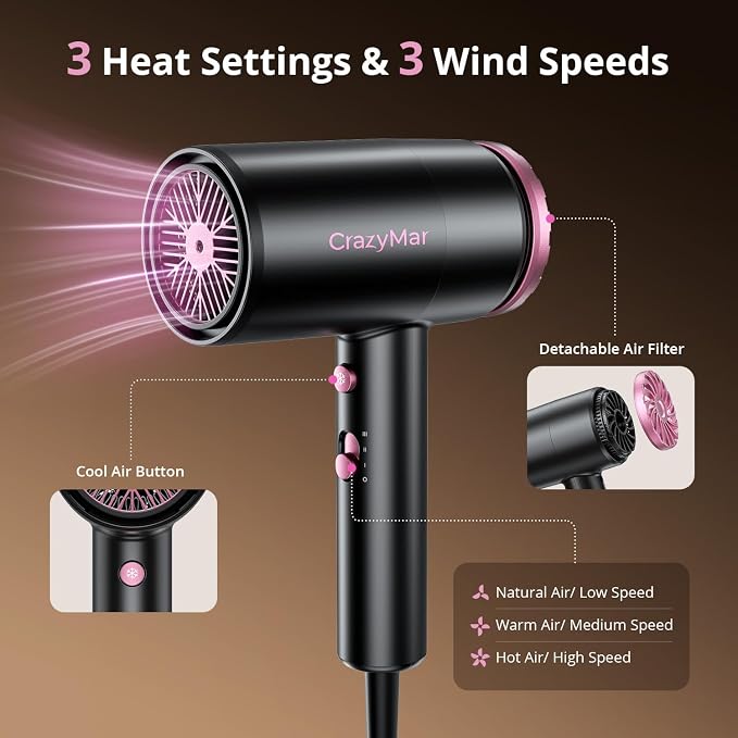 CrazyMar Hair Dryer, 1800W High Speed Blow Dryer for Fast Drying,500 Million Negative Ionic Hair Dryer, No Heat Damage, Lightweight, Blow Dryer with Diffuser for All Hair, Travel, Home (Back-1)