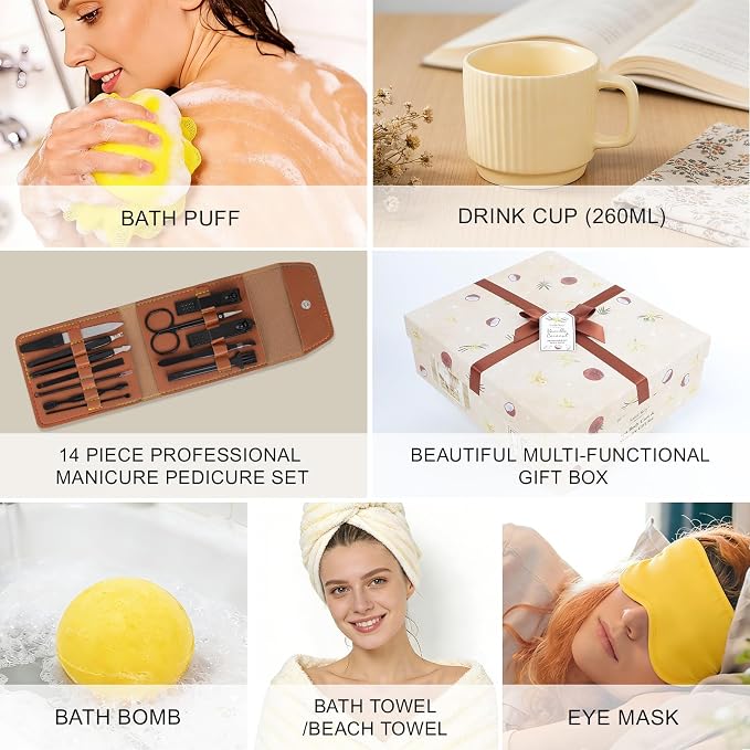 33Pcs Coconut Vanilla Spa Bath Gift Basket for Women & Men, Skin Care Set | Large Bath & Body Set, Self Care Pamper Kit, BODY WASH GIFT, Birthday, Christmas, Valentines, Mother Day, Anniversary